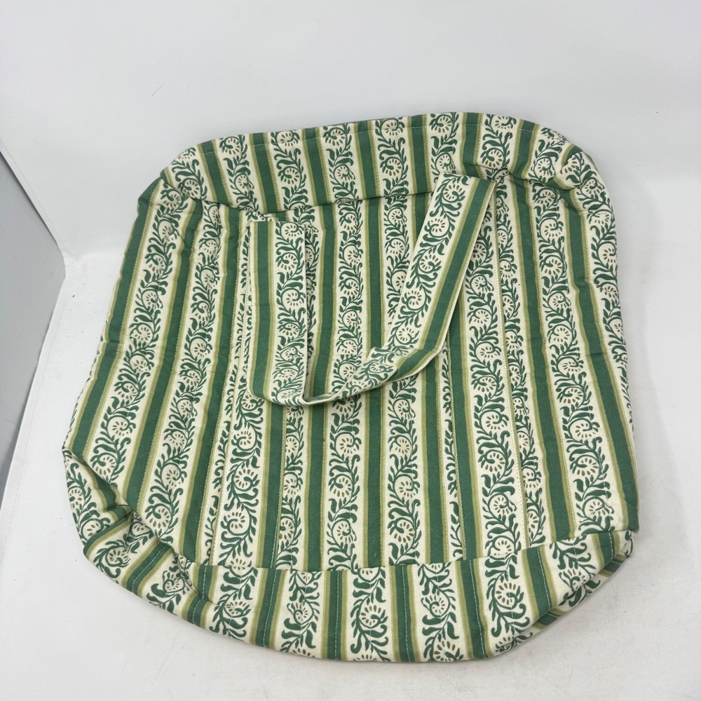 Handmade‎ Tote Bag Green Large Floral Quilted Travel Weekender Cotton Striped